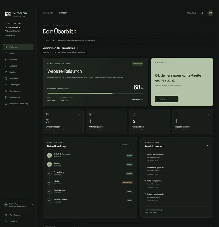 Demo des PB-Webstudio-Kundenportals: Projektstand, nächste Freigabe, Aufgaben und Roadmap auf dem Desktop