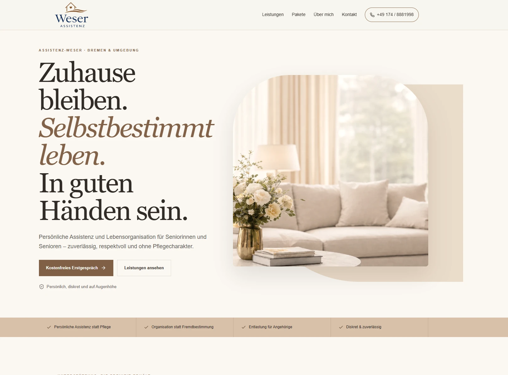 Realisierte Website von Assistenz Weser mit Leistungsübersicht und Kontaktmöglichkeiten für Bremen und Umgebung