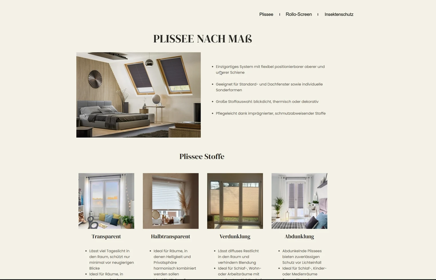 Engel Plissee vor dem Relaunch: Ausschnitt des bisherigen Produktbereichs
