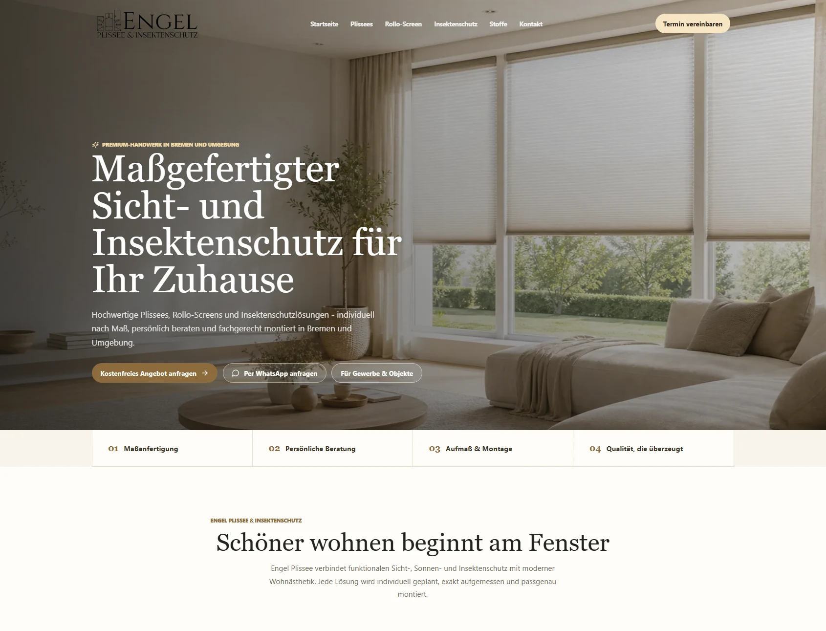Einblick in die realisierte Website von Engel Plissee